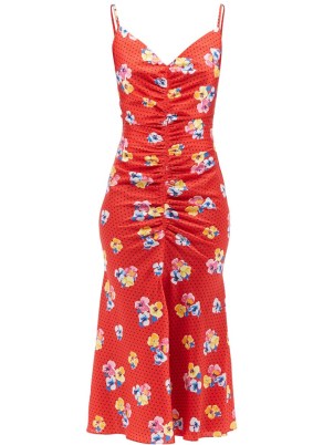 CAROLINA HERRERA Floral and polka-print gathered midi dress / red front ruched skinny shoulder strap dresses