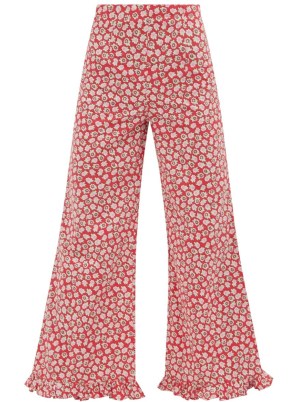 BATSHEVA Floral-print ruffled flared cotton trousers ~ womens red ruffle hem flares ~ women’s cute retro fashion - flipped