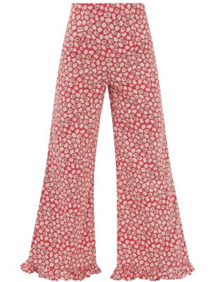 BATSHEVA Floral-print ruffled flared cotton trousers ~ womens red ruffle hem flares ~ women’s cute retro fashion