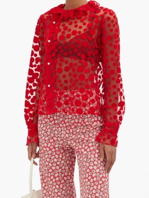BATSHEVA Petal polka-dot mesh blouse ~ sheer red ruffled collar blouses - flipped
