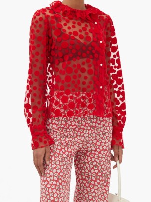 BATSHEVA Petal polka-dot mesh blouse ~ sheer red ruffled collar blouses