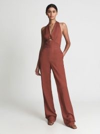 REISS ALMA Cut-Out Halter Jumpsuit Rust – brown tone halterneck jumpsuits – cutout evening fashion – women’s occasion clothing