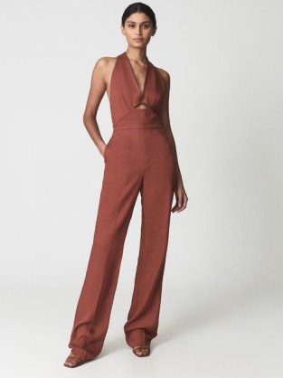 REISS ALMA Cut-Out Halter Jumpsuit Rust – brown tone halterneck jumpsuits – cutout evening fashion – women’s occasion clothing - flipped