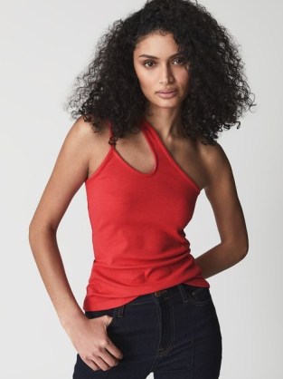 Reiss AMBER One Shoulder Cut-Out Jersey Top Red – glamorous summer tops - flipped
