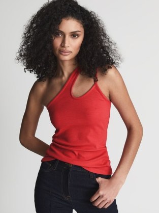 Reiss AMBER One Shoulder Cut-Out Jersey Top Red – glamorous summer tops