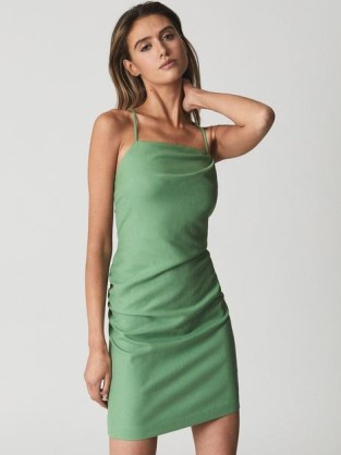 REISS ARIELA Stretch Linen Bodycon Mini Dress Green – skinny shoulder strap side ruched dresses – women’s fashionable evening clothing – womens strappy back tie party fashion - flipped