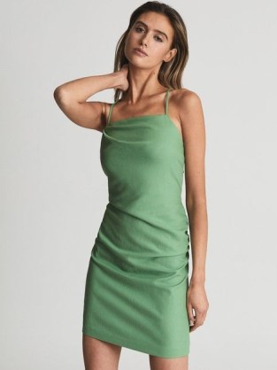 REISS ARIELA Stretch Linen Bodycon Mini Dress Green – skinny shoulder strap side ruched dresses – women’s fashionable evening clothing – womens strappy back tie party fashion