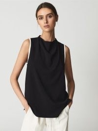 REISS AUGUST Sleeveless Twill Blouse ~ chic high cowl neck blouses ~ women’s effortless style clothes ~ womens effortlessly stylish clothing ~ minimalist fashion