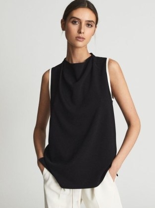 REISS AUGUST Sleeveless Twill Blouse ~ chic high cowl neck blouses ~ women’s effortless style clothes ~ womens effortlessly stylish clothing ~ minimalist fashion - flipped