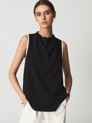 REISS AUGUST Sleeveless Twill Blouse ~ chic high cowl neck blouses ~ women’s effortless style clothes ~ womens effortlessly stylish clothing ~ minimalist fashion