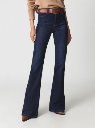 Reiss BEAU High Rise Skinny Flared Jeans Dark Indigo | womens chic blue denim flares | women’s 70s inspired casual clothes | retro fashion - flipped