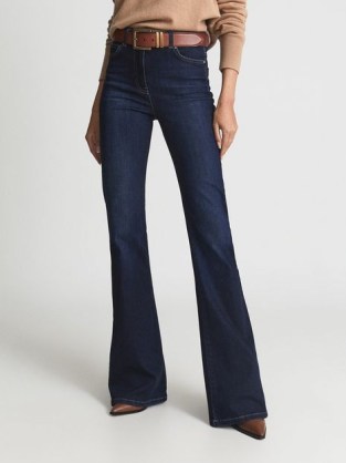 Reiss BEAU High Rise Skinny Flared Jeans Dark Indigo | womens chic blue denim flares | women’s 70s inspired casual clothes | retro fashion