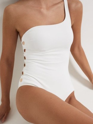 REISS BETHANY Asymmetric Swimsuit With Button Detail White – chic one shoulder swimsuits - flipped