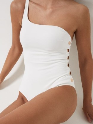 REISS BETHANY Asymmetric Swimsuit With Button Detail White – chic one shoulder swimsuits