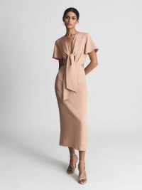 REISS IONA Tie Waist Bodycon Midi Dress Blush ~ chic light pink cut out dresses