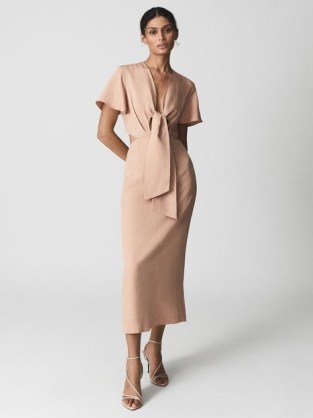 REISS IONA Tie Waist Bodycon Midi Dress Blush ~ chic light pink cut out dresses - flipped
