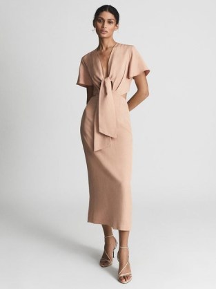 REISS IONA Tie Waist Bodycon Midi Dress Blush ~ chic light pink cut out dresses