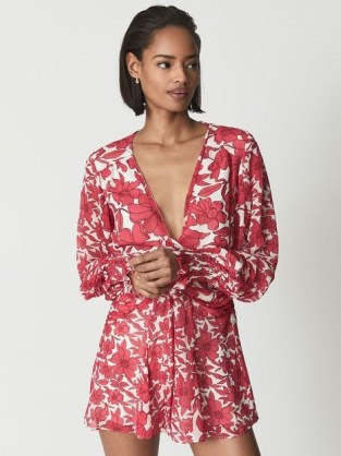 REISS SUMMER Printed Resort Playsuit Coral ~ deep V-neck floral playsuits ~ floral print clothing ~ plunge front fashion - flipped