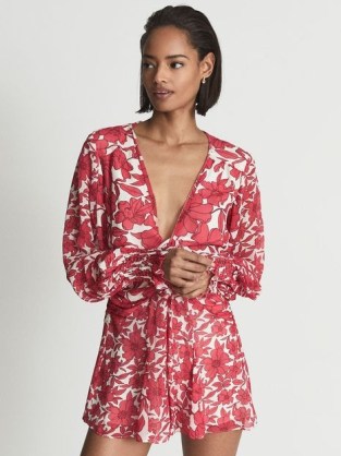 REISS SUMMER Printed Resort Playsuit Coral ~ deep V-neck floral playsuits ~ floral print clothing ~ plunge front fashion