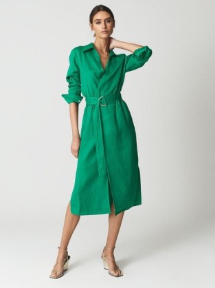 REISS EMILY Linen Blend Belted Dress Green - flipped