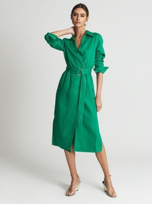 REISS EMILY Linen Blend Belted Dress Green