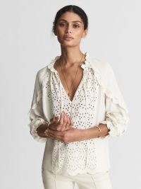 REISS FLORA Broderie Scalloped Sleeve Blouse White ~ feminine tie neck blouses ~ romantic style tops