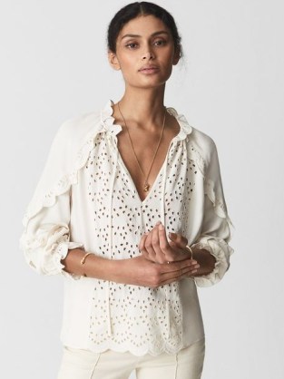 REISS FLORA Broderie Scalloped Sleeve Blouse White ~ feminine tie neck blouses ~ romantic style tops - flipped