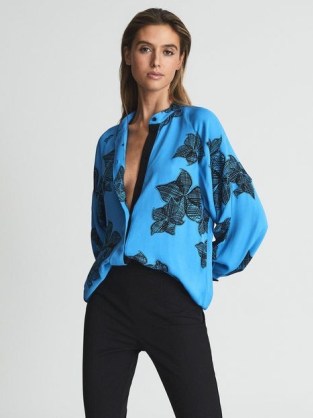 REISS HARRIS Printed Floral-Sketch Satin Blouse Blue / lightweight fluid fabric blouses