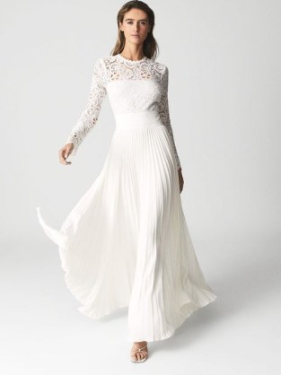 REISS HAZEL Lace Top Pleated Dress White ~ feminine maxi occasion dresses ~ alternative open back wedding gowns - flipped