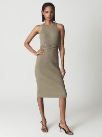 REISS ISABELLA Lace Detail Knitted Bodycon Dress Khaki ~ green ribbed sleeveless dresses