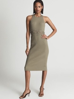 REISS ISABELLA Lace Detail Knitted Bodycon Dress Khaki ~ green ribbed sleeveless dresses - flipped