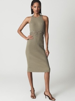 REISS ISABELLA Lace Detail Knitted Bodycon Dress Khaki ~ green ribbed sleeveless dresses