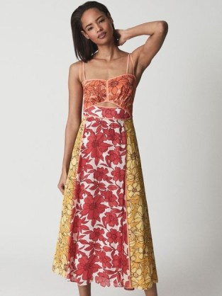 REISS ISLA Cut-Out Midi Dress ~ floral print double skinny shoulder strap dresses ~ summer occasion clothes - flipped