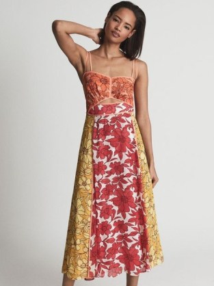 REISS ISLA Cut-Out Midi Dress ~ floral print double skinny shoulder strap dresses ~ summer occasion clothes