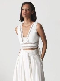 REISS IVY Lace Crop Top White ~ tie back crop hem occasion tops