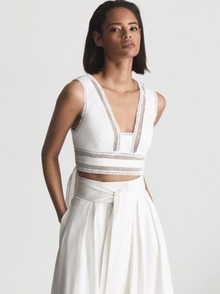 REISS IVY Lace Crop Top White ~ tie back crop hem occasion tops - flipped