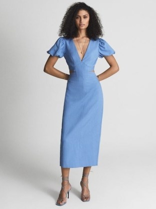 Reiss JENNAH Puff Sleeve Cut Out Back Midi Dress Blue | deep V-neckline dresses | side cutout detail fashion | open tie back | plunging necklines - flipped