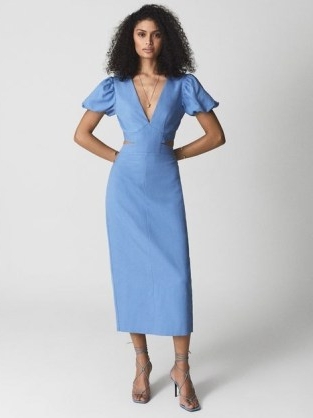 Reiss JENNAH Puff Sleeve Cut Out Back Midi Dress Blue | deep V-neckline dresses | side cutout detail fashion | open tie back | plunging necklines