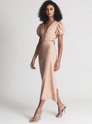 REISS JENNAH Puff Sleeve Cut Out Back Midi Dress Peach ~ women’s occasion clothes ~ plunge front special event clothing - flipped