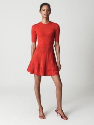 REISS JOSIE Knitted Flippy Dress Coral ~ bright fit and flared hem dresses