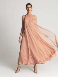 Reiss JUDE Halter Neck Silk Maxi Dress Nude – floaty sheer panel occasion dresses – evening event halterneck fashion