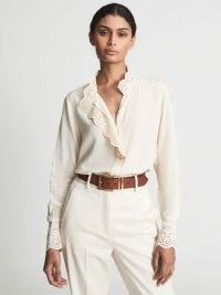 REISS JULES Ruffle Trim Blouse Cream ~ feminine tops ~ ruffled blouses