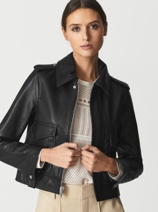 REISS KAJA Leather Trucker Jacket Black – women’s casual luxe jackets - flipped