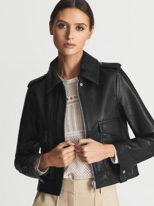 REISS KAJA Leather Trucker Jacket Black – women’s casual luxe jackets