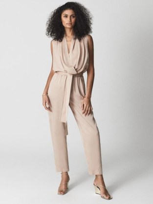 Reiss KALI Drape Jumpsuit Nude / glamorous sleevelsss tie waist jumpsuits / women’s evening occasion clothing - flipped