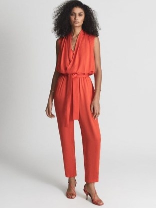 REISS KALI Drape Jumpsuit Orange ~ bright sleeveless draped jumpsuits - flipped