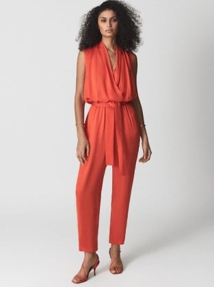 REISS KALI Drape Jumpsuit Orange ~ bright sleeveless draped jumpsuits