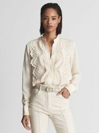 REISS KARINA Embroidered Front Blouse Cream ~ cut out detail blouses ~ womens feminine grandad collar shirts