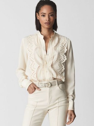 REISS KARINA Embroidered Front Blouse Cream ~ cut out detail ...