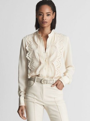 REISS KARINA Embroidered Front Blouse Cream ~ cut out detail blouses ~ womens feminine grandad collar shirts